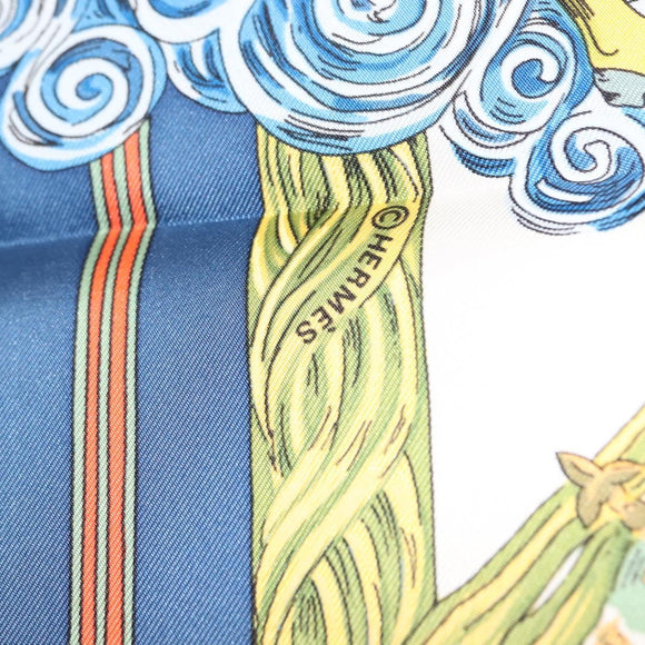 HERMES Carre 90 Scarf ""Au FIL de La SOIE"" Silk Blue Auth 147568