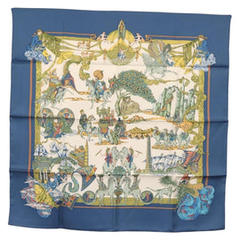 HERMES Carre 90 Scarf ""Au FIL de La SOIE"" Silk Blue Auth 147568
