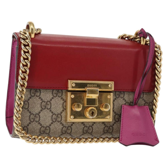 GUCCI Small Padlock Chain Shoulder Bag PVC Beige Gold 409487 Auth 147643