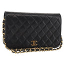 CHANEL Matelasse Chain Shoulder Bag Lamb Skin Black Gold CC Auth 147673-1