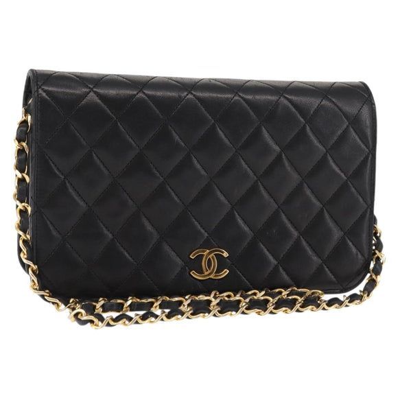 CHANEL Matelasse Chain Shoulder Bag Lamb Skin Black Gold CC Auth 147673
