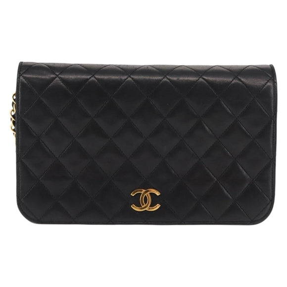 CHANEL Matelasse Chain Shoulder Bag Lamb Skin Black Gold CC Auth 147673
