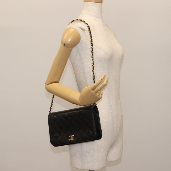 CHANEL Matelasse Chain Shoulder Bag Lamb Skin Black Gold CC Auth 147673