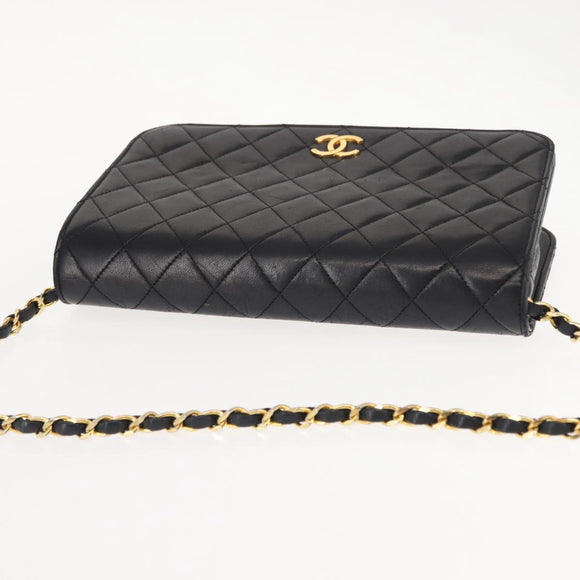 CHANEL Matelasse Chain Shoulder Bag Lamb Skin Black Gold CC Auth 147673