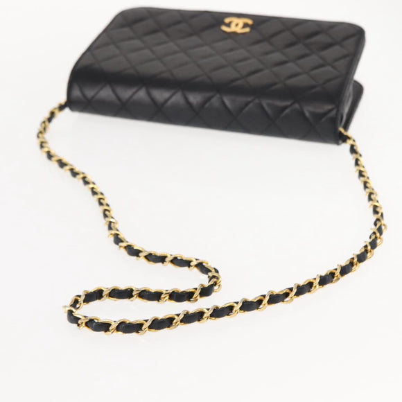 CHANEL Matelasse Chain Shoulder Bag Lamb Skin Black Gold CC Auth 147673
