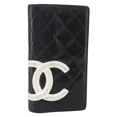 CHANEL Matelasse Cambon Line Long Wallet Calf Skin Black Silver CC Auth 147683