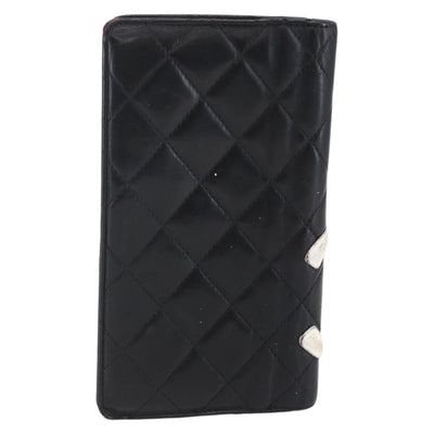 CHANEL Matelasse Cambon Line Long Wallet Calf Skin Black Silver CC Auth 147683 - 0