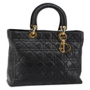 Christian Dior Lady Dior Canage Hand Bag Lamb Skin Black Auth 147686-1