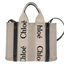 Chloe Woody Small Hand Bag Canvas 2way Beige Navy Auth 147711-13