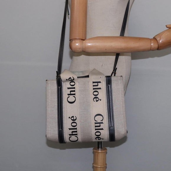 Chloe Woody Small Hand Bag Canvas 2way Beige Navy Auth 147711