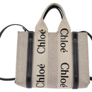 Chloe Woody Small Hand Bag Canvas 2way Beige Navy Auth 147711-2