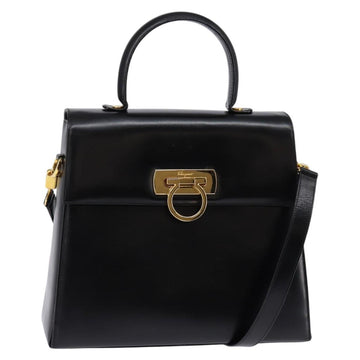 Salvatore Ferragamo Gancini Hand Bag Leather 2way Black Gold Auth 147713
