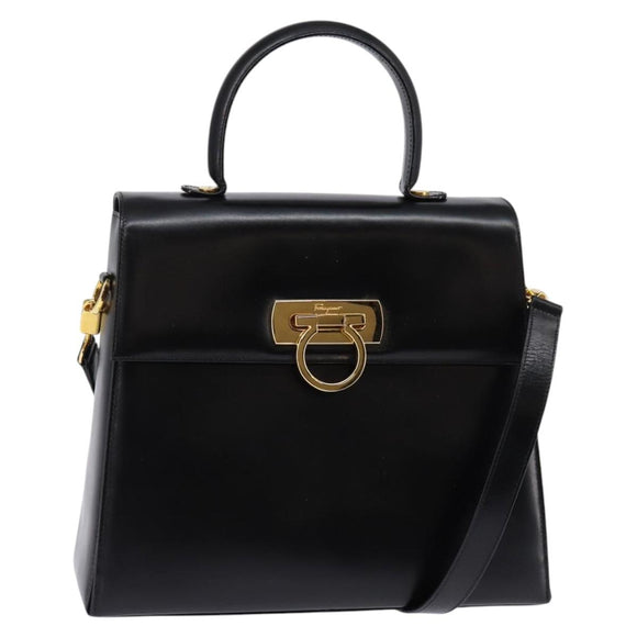 Salvatore Ferragamo Gancini Hand Bag Leather 2way Black Gold Auth 147713