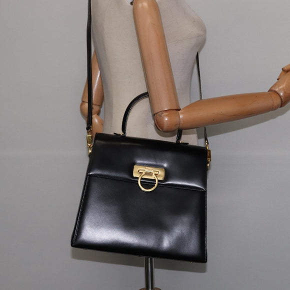Salvatore Ferragamo Gancini Hand Bag Leather 2way Black Gold Auth 147713