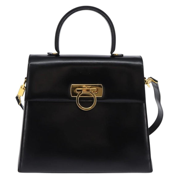 Salvatore Ferragamo Gancini Hand Bag Leather 2way Black Gold Auth 147713
