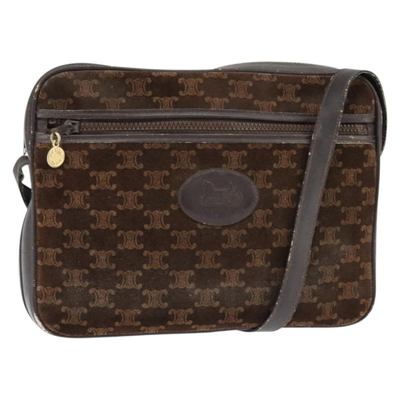CELINE Macadam Canvas Shoulder Bag Suede Brown Gold Auth 147778