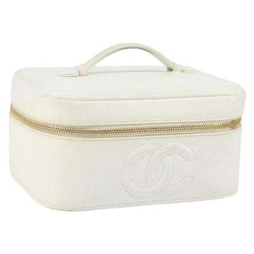 CHANEL Bicolore Vanity Bag Caviar Skin White Gold CC Auth 147795