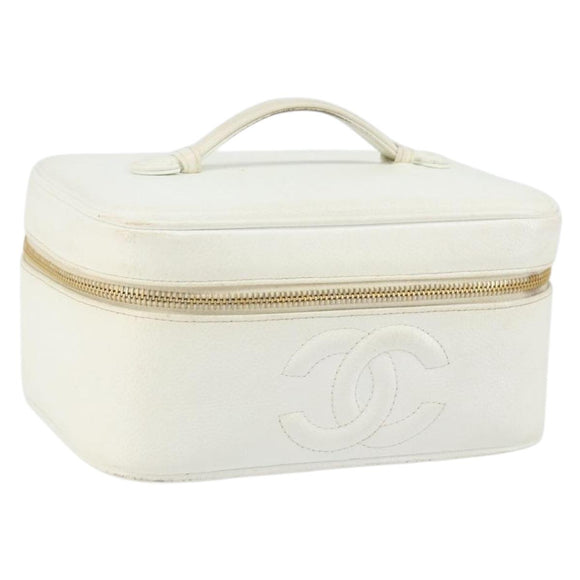 CHANEL Bicolore Vanity Bag Caviar Skin White Gold CC Auth 147795