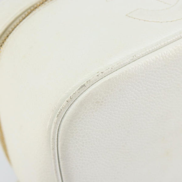 CHANEL Bicolore Vanity Bag Caviar Skin White Gold CC Auth 147795