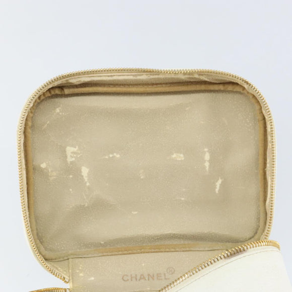 CHANEL Bicolore Vanity Bag Caviar Skin White Gold CC Auth 147795
