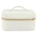 CHANEL Bicolore Vanity Bag Caviar Skin White Gold CC Auth 147795-2