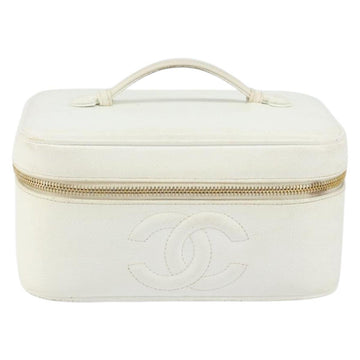 CHANEL Bicolore Vanity Bag Caviar Skin White Gold CC Auth 147795 - 0
