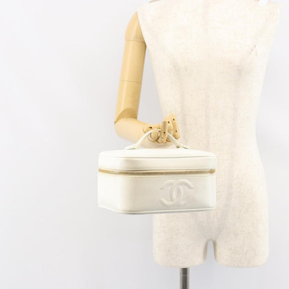 CHANEL Bicolore Vanity Bag Caviar Skin White Gold CC Auth 147795