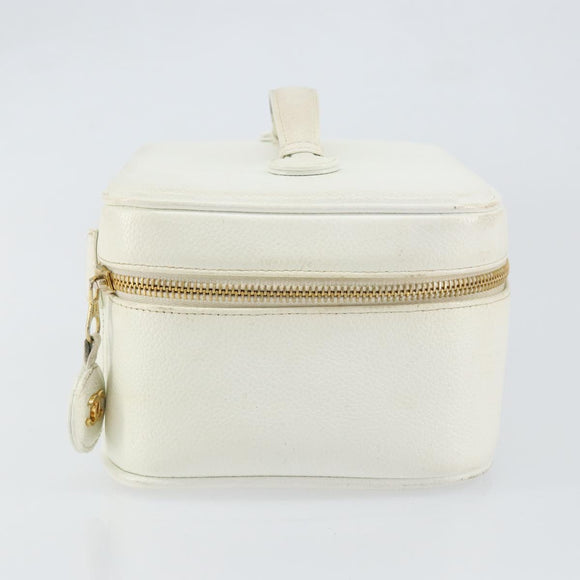 CHANEL Bicolore Vanity Bag Caviar Skin White Gold CC Auth 147795