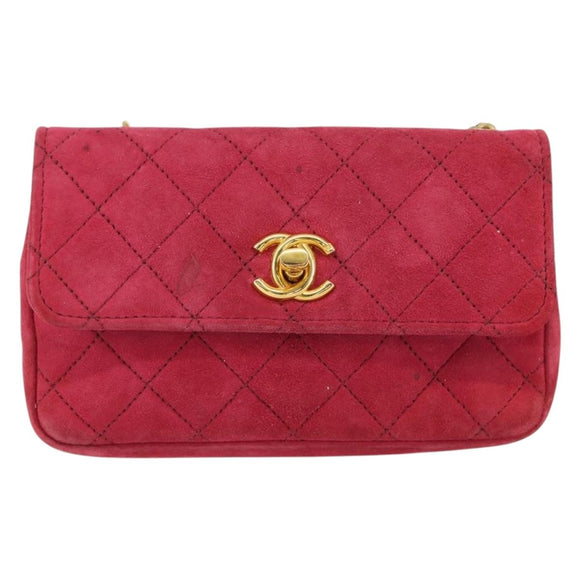 CHANEL Matelasse Chain Shoulder Bag Suede Pink Gold CC Auth 147807