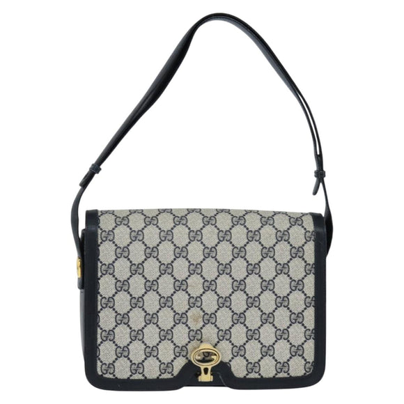 GUCCI GG Supreme Shoulder Bag PVC Navy Gold Auth 147854