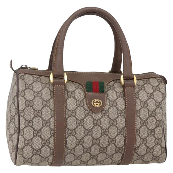 GUCCI GG Supreme Web Sherry Line Boston Bag PVC Beige Gold Auth 147876