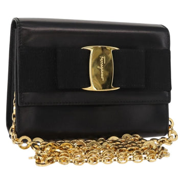 Salvatore Ferragamo Chain Vala Shoulder Bag Leather Black Gold Auth 147890