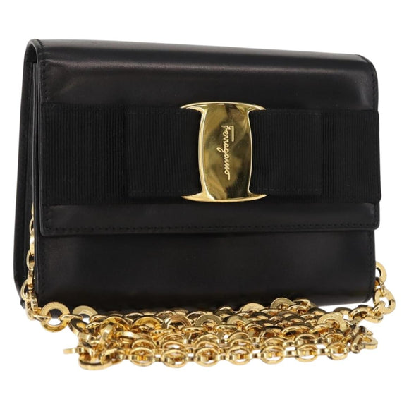 Salvatore Ferragamo Chain Vala Shoulder Bag Leather Black Gold Auth 147890