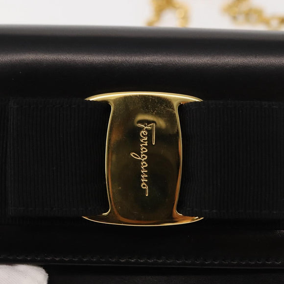 Salvatore Ferragamo Chain Vala Shoulder Bag Leather Black Gold Auth 147890