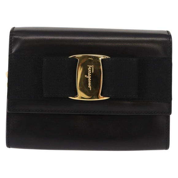 Salvatore Ferragamo Chain Vala Shoulder Bag Leather Black Gold Auth 147890