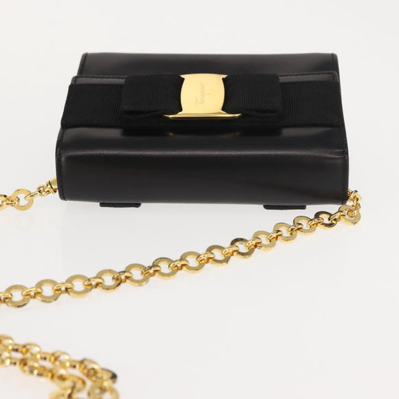 Salvatore Ferragamo Chain Vala Shoulder Bag Leather Black Gold Auth 147890