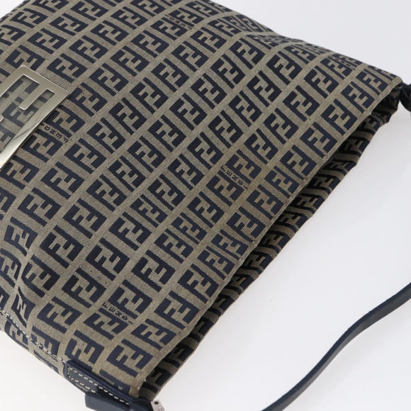 FENDI Zucchino Canvas Shoulder Bag Navy Silver Auth 147907