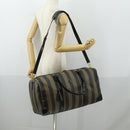 FENDI Pecan Canvas Boston Bag PVC 2way Black Brown gold Auth 147908-27