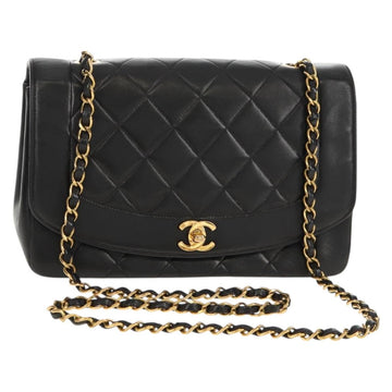 CHANEL Matelasse Chain Diana Shoulder Bag Lamb Skin Black Gold CC Auth 147913V