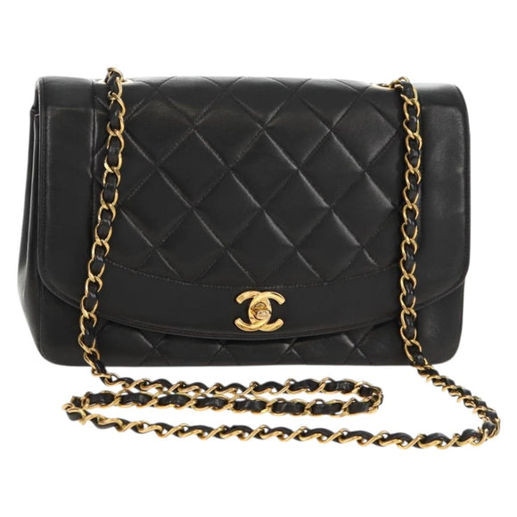 CHANEL Matelasse Chain Diana Shoulder Bag Lamb Skin Black Gold CC Auth 147913V