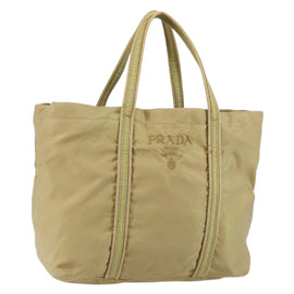 PRADA Tote Bag Nylon Beige Silver Auth 147952