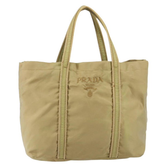 PRADA Tote Bag Nylon Beige Silver Auth 147952