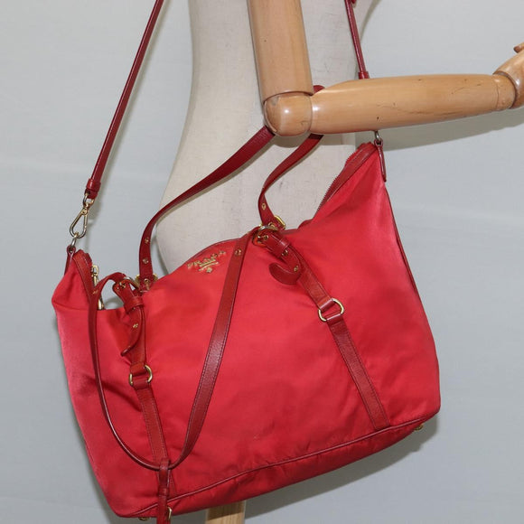 PRADA Tote Bag Nylon 2way Red Gold Auth 147953