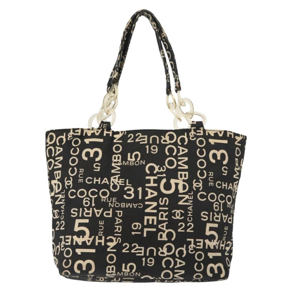 CHANEL Bysy Line Tote Bag Canvas Black CC Auth 147965