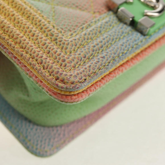 CHANEL Chain Boy Chanel Shoulder Bag Caviar Skin Silver Rainbow CC Auth 147968SM