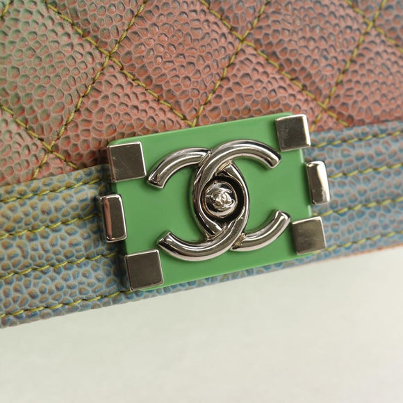 CHANEL Chain Boy Chanel Shoulder Bag Caviar Skin Silver Rainbow CC Auth 147968SM