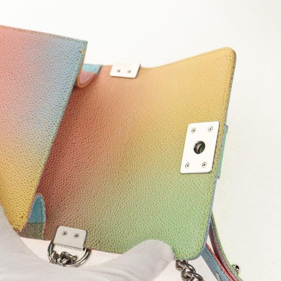 CHANEL Chain Boy Chanel Shoulder Bag Caviar Skin Silver Rainbow CC Auth 147968SM
