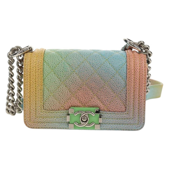 CHANEL Chain Boy Chanel Shoulder Bag Caviar Skin Silver Rainbow CC Auth 147968SM