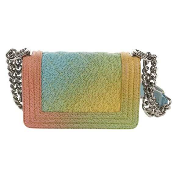 CHANEL Chain Boy Chanel Shoulder Bag Caviar Skin Silver Rainbow CC Auth 147968SM