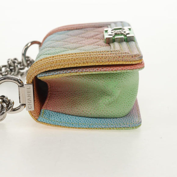 CHANEL Chain Boy Chanel Shoulder Bag Caviar Skin Silver Rainbow CC Auth 147968SM